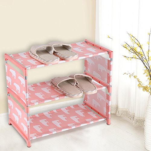 Ciglow Shoe Rack Storage with 3 Shelves, Cute Foldable Shoe Cabinet Fabric Cabinet for Shoes Organizer Shoe Racks sSorage for Bathroom, Living Room, Bedroom and Corridor.(Pink)