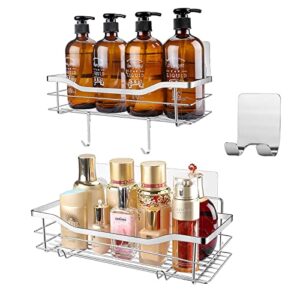 shower caddy basket rack with hooks, bathroom shower organizer shelf, adhesive wall mounted rustproof storage for bathroom, toilet, kitchen, dorm, no drilling, 304 stainless steel, 2 pack (silver)
