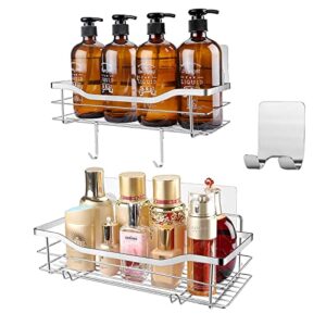 Shower Caddy Basket Rack with Hooks, Bathroom Shower Organizer Shelf, Adhesive Wall Mounted Rustproof Storage for Bathroom, Toilet, Kitchen, Dorm, No Drilling, 304 Stainless Steel, 2 Pack (Silver)