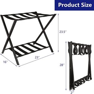 Heavy Duty Luggage Rack Folding Metal Suitcase Luggage Stand with Storage Shelf-2 Tiers, Black