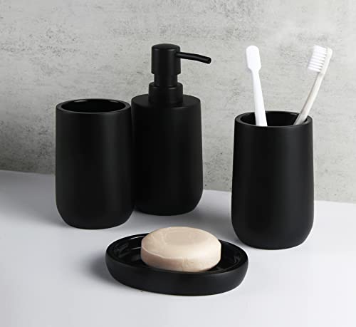 3&7 BRICK Matte Black Bathroom Accessories Set,4 Pieces,Toothbrush Holder, Lotion Soap Dispenser, Tumbler, Soap Dish, Resin Countertop Complete Decor and Gift Set