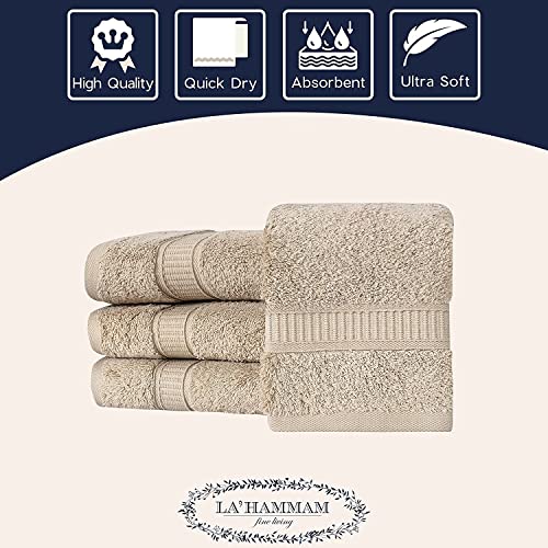 La Hammam 4 Pack 16” × 28” Turkish Cotton Hand Towels for Bathroom, Face, Hotel, Gym, & Spa | Extra Soft Feel Fingertip, Quick Dry and Highly Absorbent Luxury Premium Quality Towel Set - Beige