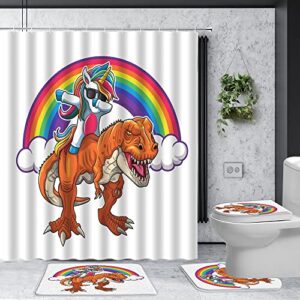 4 Pcs Set Shower Curtain for Bathroom Funny Unicorn Riding Dinosaur and Rainbow Boys Fabric Shower Curtains Fantasy Galaxy Space Cute Cool Dino Raptor Toilet Lid Cover and Bath Mat Bathroom Decor