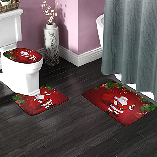 WONDERTIFY Santa Claus Bathroom Antiskid Pad Bell Red Christmas Ornament 3 Pieces Bathroom Rugs Set, Bath Mat+Contour+Toilet Lid Cover