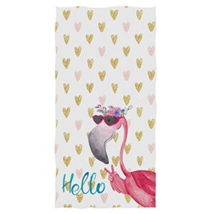 pfrewn hello tropical flamingo hand towels 16x30 in, pink golden hearts floral thin bathroom towel, ultra soft highly absorbent small bath towel bathroom decor