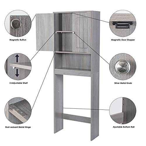 NIUBEST Over The Toilet Storage Cabinet, Bathroom Organizer with Inner Adjustable Shelf and Open Storage Shelf, Double Doors Toilet Storage Rack, Gray