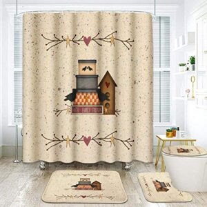 artsocket 4 pcs shower curtain set cute little house cartoon building chimney cottage countryside with non-slip rugs toilet lid cover and bath mat bathroom decor set 72" x 72"
