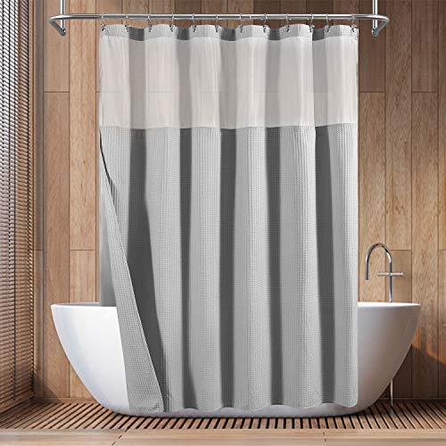 Barossa Design Cotton Blend Waffle Weave Shower Curtain with Snap-in Fabric Liner, Hotel Luxury Spa, Mesh Window Top, Machine Washable, Lake Wanaka Gray, 71x72 Inches