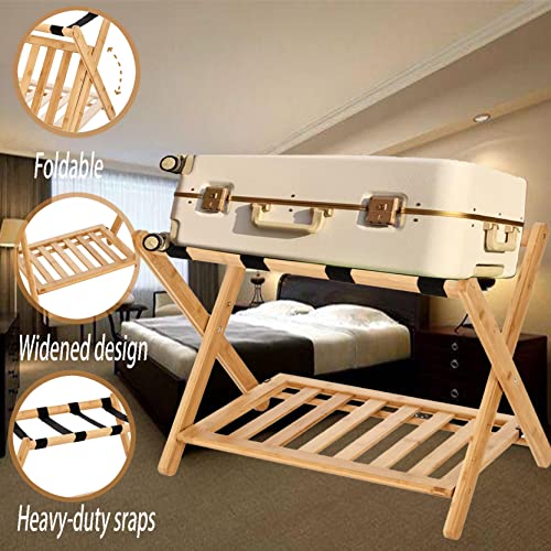 Folding Luggage Rack for Guest Room Foldable luggage Racks for Suitcase Stand with Nylon Straps,Luggage Stand Double Tiers Bamboo Luggage Holder with Shelf for Bedroom,Hotel,No Assembly Required