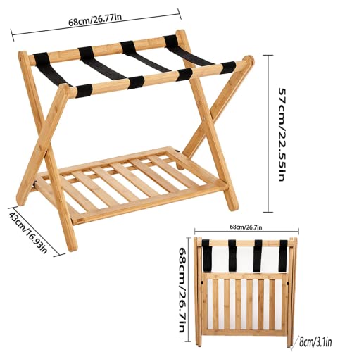 Folding Luggage Rack for Guest Room Foldable luggage Racks for Suitcase Stand with Nylon Straps,Luggage Stand Double Tiers Bamboo Luggage Holder with Shelf for Bedroom,Hotel,No Assembly Required