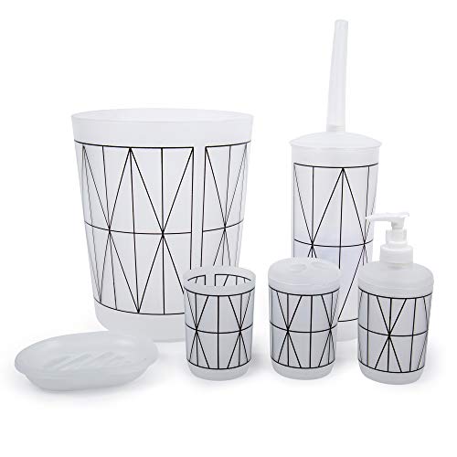 Bodico Decorative 6-Piece Geo Print Plastic Bathroom Accessory Set, 7.5 x 13.5 inches, Black