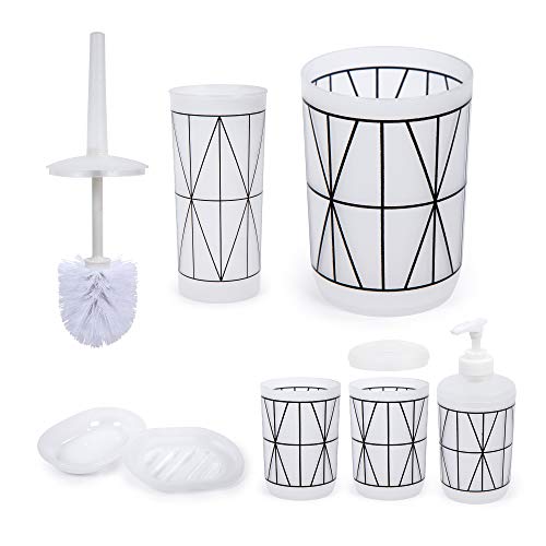 Bodico Decorative 6-Piece Geo Print Plastic Bathroom Accessory Set, 7.5 x 13.5 inches, Black