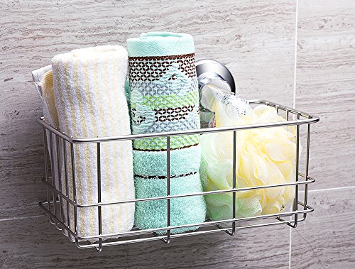 SANNO Suction Cup Shower Caddy,Bathroom Caddies Adhesive Pads Deep Large Basket Shelf,Bath Organizer Kitchen Storage Basket for Gel Holder Shampoo, Conditioner -2 pack