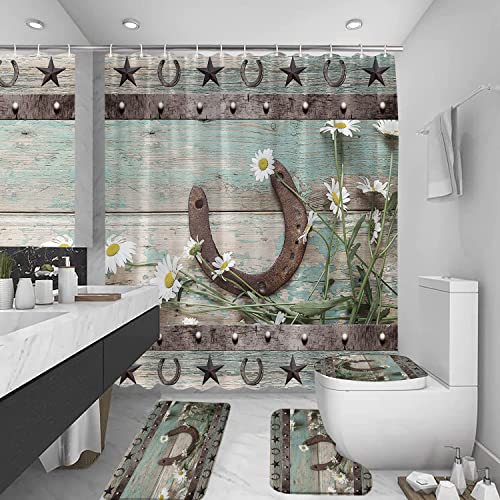 JONSEQIN 4 Piece Farmhouse Daisy Shower Curtain Set Rustic Teal Wooden Board Floral Texas Star Horseshoe Western Farm Bathtub Curtain with Bathroom Carpet Bath Mat Toilet Rugs