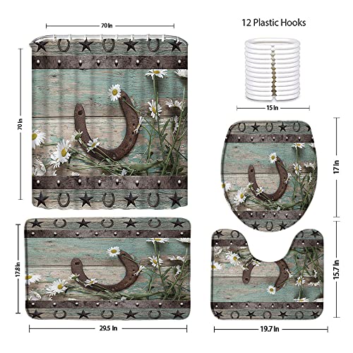 JONSEQIN 4 Piece Farmhouse Daisy Shower Curtain Set Rustic Teal Wooden Board Floral Texas Star Horseshoe Western Farm Bathtub Curtain with Bathroom Carpet Bath Mat Toilet Rugs