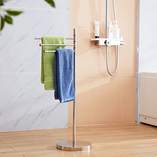 Standing Towel Racks for Bathroom, Freestanding Bathroom Towel Rack Stand with 3 Swivel Arms, Stainless Steel Outdoor Floor Towel Holder, Rust Proof Chrome, DECLUTTR