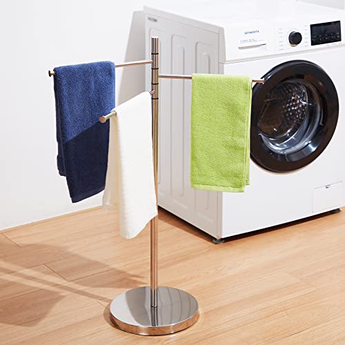 Standing Towel Racks for Bathroom, Freestanding Bathroom Towel Rack Stand with 3 Swivel Arms, Stainless Steel Outdoor Floor Towel Holder, Rust Proof Chrome, DECLUTTR