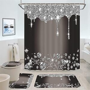 mexera 4pcs bling diamond shower curtain set with non-slip rugs toilet lid cover and bath mat shower curtain with 12 hooks bathroom sets with shower curtain and rugs and accessories