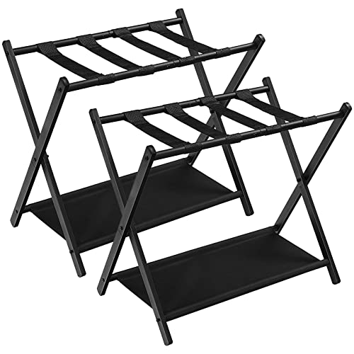 HOOBRO Folding Luggage Racks, Set of 2, Metal Suitcase Stands with Fabric Storage Shelf for Guest Room, 25.4 x 16.5 x 24.2 Inches, Holds up to 100 lb, Closet, Hotel, Bedroom, Black BK05XLP201