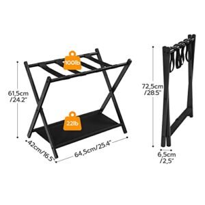 HOOBRO Folding Luggage Racks, Set of 2, Metal Suitcase Stands with Fabric Storage Shelf for Guest Room, 25.4 x 16.5 x 24.2 Inches, Holds up to 100 lb, Closet, Hotel, Bedroom, Black BK05XLP201