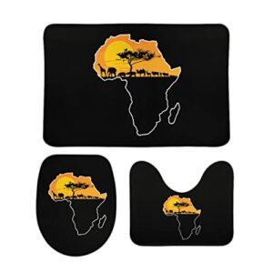african animals over map of africa bathroom rugs set 3 piece non-slip mat rectangular floor mat u shaped mat o shaped toilet lid cover 20"x32"