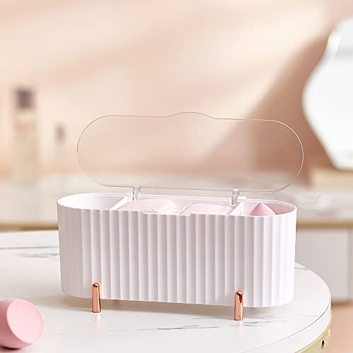 ABS Qtip Holder, 3 Compartments Cotton Pad Storage, Cotton Swab Dispenser, Q-tip Dispenser for Cotton Pads/Cotton Swabs/Beauty Eggs Suitable Bedroom, Bathroom, Dressing Table, Makeup Remover (HZM-02-White)