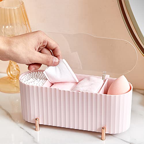 ABS Qtip Holder, 3 Compartments Cotton Pad Storage, Cotton Swab Dispenser, Q-tip Dispenser for Cotton Pads/Cotton Swabs/Beauty Eggs Suitable Bedroom, Bathroom, Dressing Table, Makeup Remover (HZM-02-White)