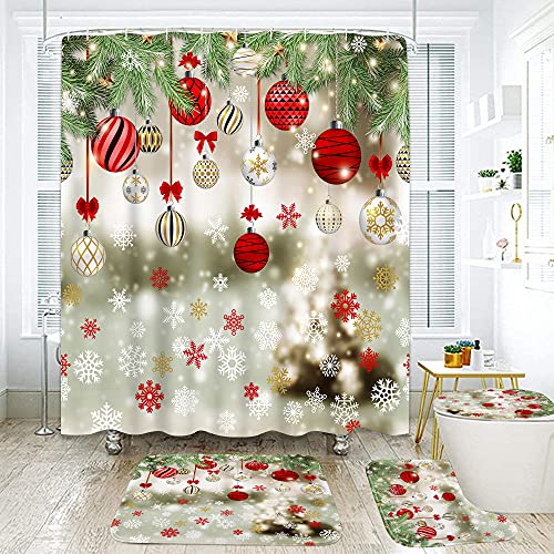 ArtSocket 4 Pcs Shower Curtain Set Colorful Christmas Balls Snowflakes with Non-Slip Rugs Toilet Lid Cover and Bath Mat Bathroom Decor Set 72" x 72"