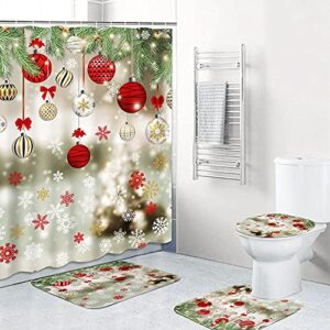 ArtSocket 4 Pcs Shower Curtain Set Colorful Christmas Balls Snowflakes with Non-Slip Rugs Toilet Lid Cover and Bath Mat Bathroom Decor Set 72" x 72"