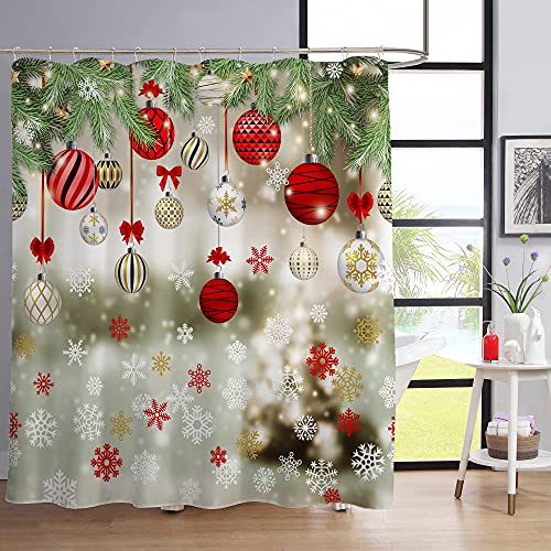 ArtSocket 4 Pcs Shower Curtain Set Colorful Christmas Balls Snowflakes with Non-Slip Rugs Toilet Lid Cover and Bath Mat Bathroom Decor Set 72" x 72"