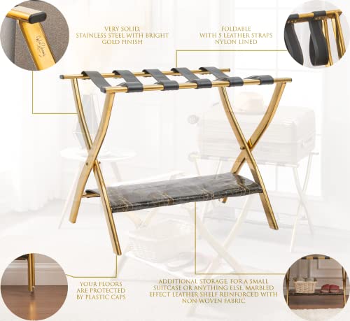 Winsihams, NOTHING LIKE OR EQUAL ON AMAZON-New LUXURY LUGGAGE RACK for guest rooms and hotels - SUITCASE HOLDER with 5 leather straps and marble effect leather shelf.