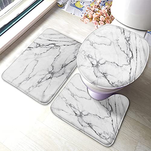 WONDERTIFY White Marble Bathroom Antiskid Pad Luxury Smooth Soft Monochrome Wave 3 Pieces Bathroom Rugs Set, Bath Mat+Contour+Toilet Lid Cover Black Gray Shade