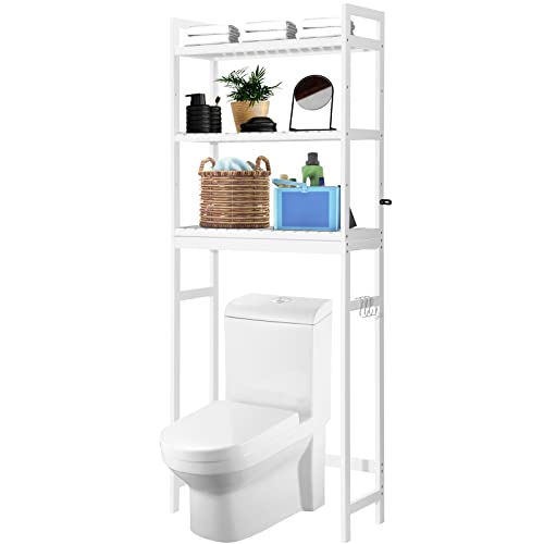 HITOMEN Over The Toilet Storage Cabinet, Bamboo Adjustable 3-Tier Above Toilet Shelf, Stable Freestanding Above Toilet Organizer with 3 Hooks for Bathroom Restroom Laundry Balcony, White 67" H