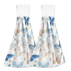 bolaz blue butterfly hanging kitchen towel hand towel 2 pcs absorbent hanging tie towels for bathroom laundry room kitchen 12 x 17 inches