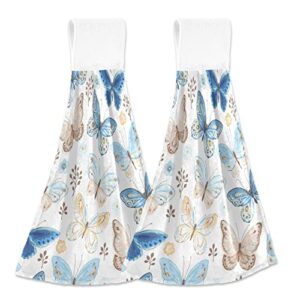 Bolaz Blue Butterfly Hanging Kitchen Towel Hand Towel 2 Pcs Absorbent Hanging Tie Towels for Bathroom Laundry Room Kitchen 12 x 17 Inches