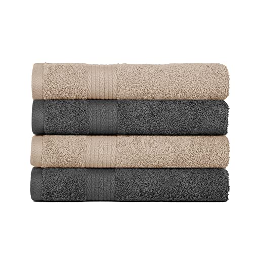 Ample Decor Hand Towels Pack of 4 600 GSM 100% Cotton, Oeko Tex Certified Super Soft Highly Absorbent Assorted, Quick Drying Solid Construction Absorbent Machine Washable - Beige & Grey -18 X 28 Inch