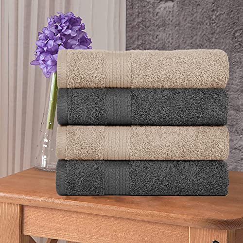 Ample Decor Hand Towels Pack of 4 600 GSM 100% Cotton, Oeko Tex Certified Super Soft Highly Absorbent Assorted, Quick Drying Solid Construction Absorbent Machine Washable - Beige & Grey -18 X 28 Inch