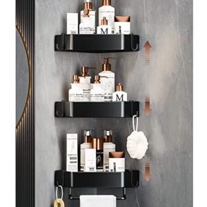 3-Tier Corner Shower Caddy,Bathroom Corner Shelves, Stainless Steel No-drilling Bathroom Organizer,Shower Shampoo Organizer Storage Rack Holder for Toilet Accesso,6 Metal Hooks with Caps(Black)