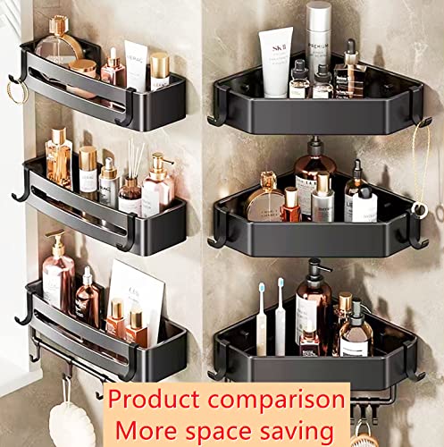 3-Tier Corner Shower Caddy,Bathroom Corner Shelves, Stainless Steel No-drilling Bathroom Organizer,Shower Shampoo Organizer Storage Rack Holder for Toilet Accesso,6 Metal Hooks with Caps(Black)