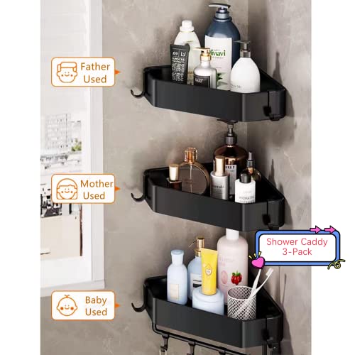 3-Tier Corner Shower Caddy,Bathroom Corner Shelves, Stainless Steel No-drilling Bathroom Organizer,Shower Shampoo Organizer Storage Rack Holder for Toilet Accesso,6 Metal Hooks with Caps(Black)