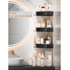 3-Tier Corner Shower Caddy,Bathroom Corner Shelves, Stainless Steel No-drilling Bathroom Organizer,Shower Shampoo Organizer Storage Rack Holder for Toilet Accesso,6 Metal Hooks with Caps(Black)