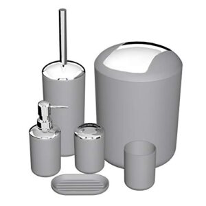 yasolote 6 pcs plastic bathroom accessory set,bath toilet brush accessories set with toothbrush holder,toothbrush cup,soap dispenser,soap dish,toilet brush holder,trash can,tumbler straw gift (grey)