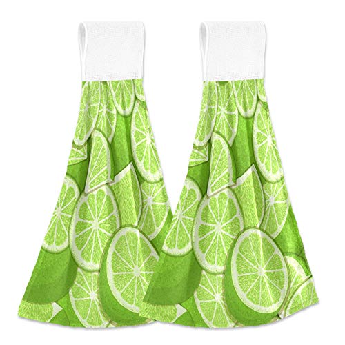 Ripe Juicy Lemon Kitchen Hanging Towel Green Tropical Limes Hand Towels Set 2 Pcs Tea Bar Dish Cloths Dry Towel Soft Absorbent Durable for Bathroom Laundry Room Decor