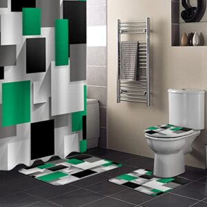 4 pcs shower curtain set with 12 hooks geometric 3d abstract green black gray square pattern bathroom sets with non-slip bath mat toilet lid cover waterproof durable shower curtain and rugs