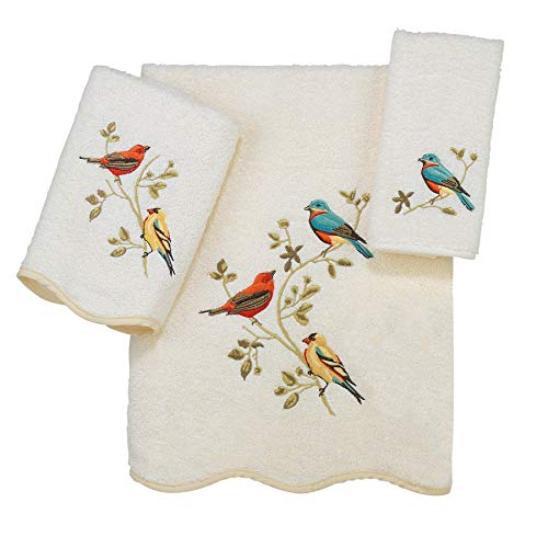 Avanti Linens- 3pc Towel Set, Soft & Absorbent Cotton Towels (Premier Songbirds Collection, Ivory)