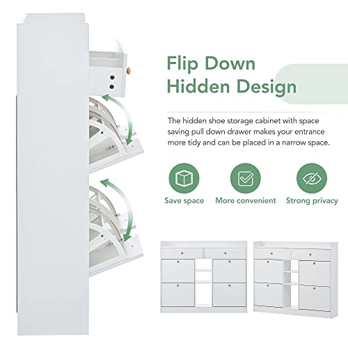 Shoe Cabinet with 4 Flip Drawers, Shoe Rack with 2-Tier Shelf, Freestanding Shoe Storage Organizer with Drawers and Shelves for Entrance Hallway, Closet, Living Room (White)