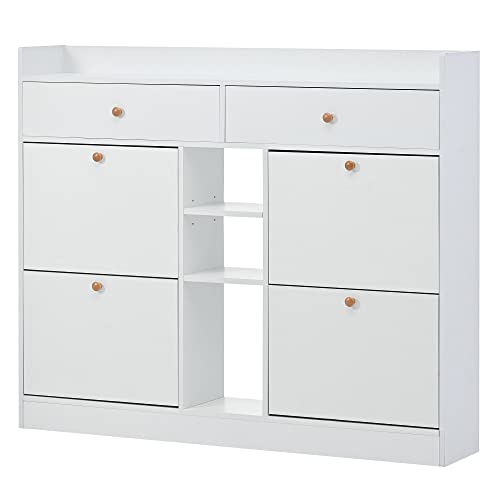 Shoe Cabinet with 4 Flip Drawers, Shoe Rack with 2-Tier Shelf, Freestanding Shoe Storage Organizer with Drawers and Shelves for Entrance Hallway, Closet, Living Room (White)