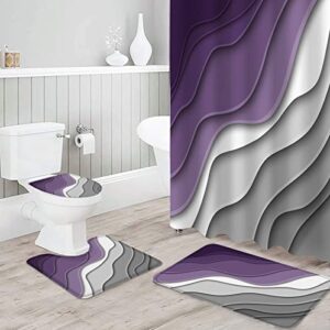 comforance purple gray modern geometric shower curtain set with rugs and hooks for bathroom, 4pc waterproof fabric bath shower curtain and non-slip bathroom mats, abstract gradient art