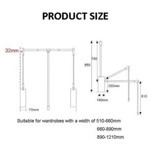 Drop-Down Wardrobe Hanging Slide Rail, Adjustable Large Telescopic Wardrobe Hanger, Saving Space, Soft Reset, Silver, 30KG Load (Size : 890-1210mm)