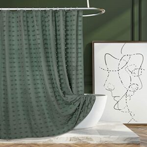 siiluminisoy green boho shower curtain woven fabric cute shower curtain, 72 x 72 tufted pleat floral textured modern farmhouse minimalist shower curtain set with hooks for bathroom